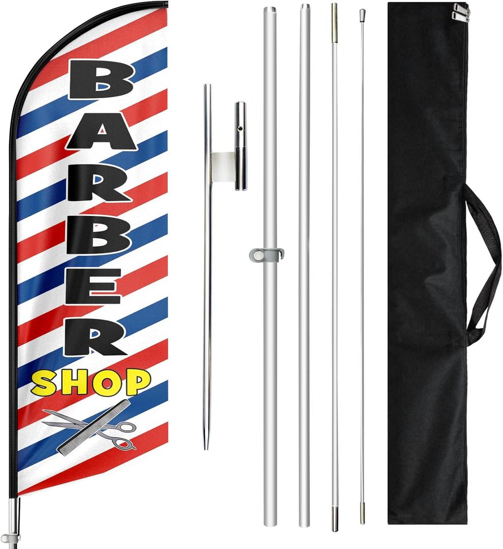 Barbershop Swooper Flag, 11FT Windless Barbershop Flags with Aluminum Alloy Poles/Stainless Steel Ground Stake/Portable Bag, Barbershop Flag for Business Advertising