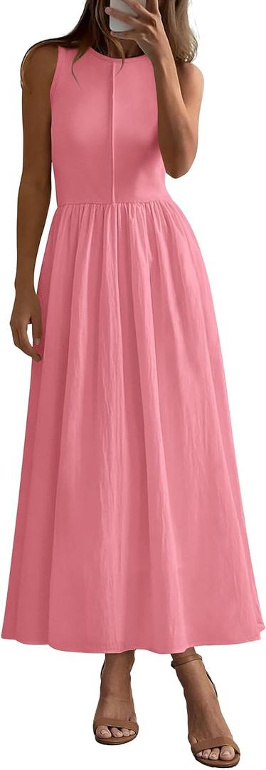 PRETTYGARDEN Pleated Maxi Dresses for Women with Pockets | Sleeveless A-Line Knit,Summer Patchwork Mixed Media Dress,Flowy Long Work Dress for Cocktial,Business Casual,Teacher Outfits (Pink, XXL)