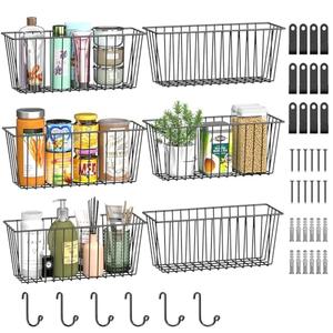 Simple Trending 6 Pack Wire Basket Wall Mount Baskets Hanging Baskets, Cabinets Organizer and Storage with Hooks for Kitchen, Garage and Bathroom