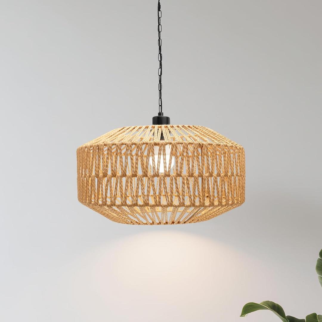 Farmhouse Chandelier Light Fixture, Rattan Boho Chandeliers, Hand Woven Pendant Light with Height Adjustable, Rustic Hanging Lighting for Living/Dining Room, Kitchen Island, Bedroom (Medium)