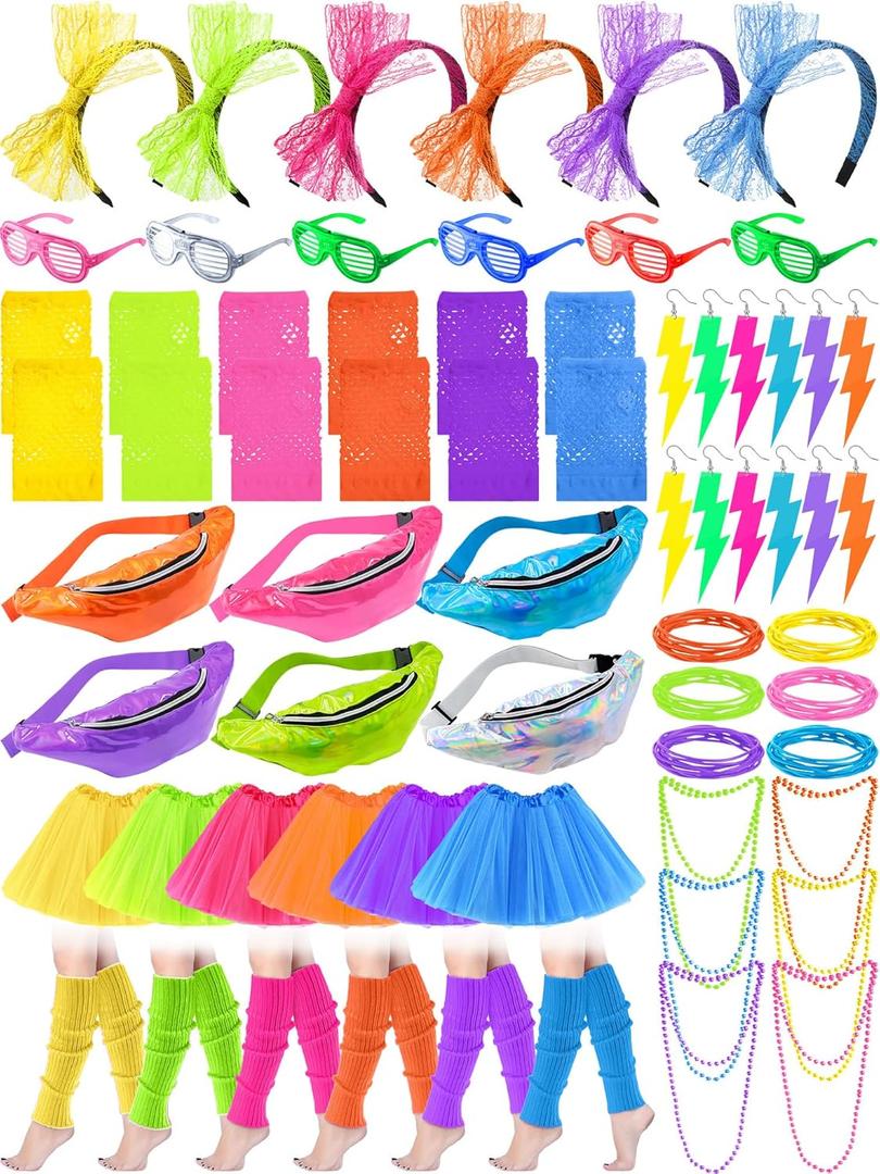 Shinymoon 54 Pcs 80s Accessories for Women Neon Tutu Skirts Light Shutter Glasses Holographic Fanny Pack Lace Headband Earring Necklace Leg Warmers Fishnet Gloves Bracelet for Halloween Party Costume
