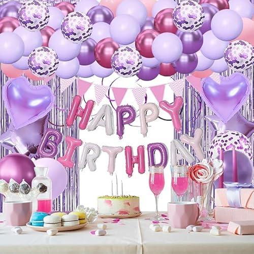 Pink Purple Birthday Decorations for Women Girls, Purple Party Decorations, Pink & Purple Balloons Happy Birthday Banner, Fringe Curtain, Heart Star Foil Confetti Balloons for Birthday Supplies