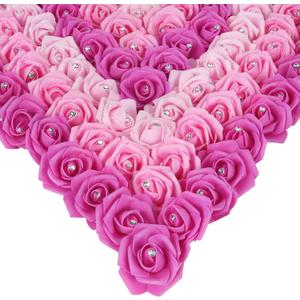 Pink Roses Artificial Flowers,200PCS Fake Foam Roses 1.97in Artificial Roses with Crystal for Craft DIY Wedding Party Home Decoration(Mixed Pink Colors)