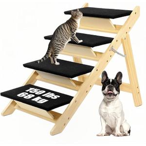 Foldable Dog Stairs/Ramp with 4 Steps - Durable Wooden Pet Stairs for Small, Medium, Large Dogs - Black (5098)