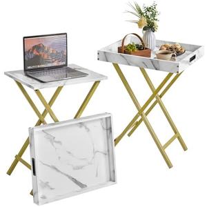 IBUYKE Foldable TV,End Table with Removable Food Serving Tray,Portable Wooden Snack Table for Livingroom, Bedroom, Office, Camping, White with Gold UTVT001G
