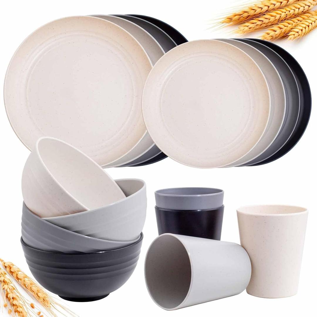 Rubtlamp Wheat Straw Dinnerware Sets, 16PCS Plastic Dinnerware Set for 4, Wheat Straw Plates and Bowls Sets, Unbreakable Dinnerware Plastic Microwave Safe Dishes Set for Kitchen&Camping (Beige, Gray,Light gray, Black)