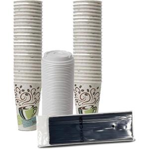 Straws and Dixie PerfecTouch WiseSize Coffee Design Insulated Paper Cup, 16oz Cups, Lids, and Drinking/Stirring Sticks Set (16 oz, 50 Cups, 50 Lids, 50 Straws)