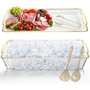 Baderke 16" x 9" Chilled Serving Tray for Parties with Compartments Ice Chilled Party Crudite Platter Charcuterie Serving Board Cold Dish Dip with Tableware for Seafood Vegetable (Gold Glitter)