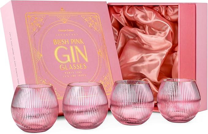 GLASSIQUE CADEAU Vintage Blush Pink Art Deco Gin and Tonic Glasses with Gold Rims | Set of 4 | 13.5 oz Stemless Crystal Balloons for Drinking Gin Cocktails | Retro Gift Goblets for Gin Lovers