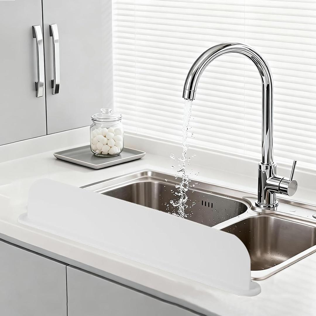 19.2inch(49cm) Silicone Sink Splash Guard, Sink Splash Guard with Suction Cup,Kitchen Sink Water Splash Guard, Kitchen Sink Splash Guard that Can Be Placed Behind (1, White)