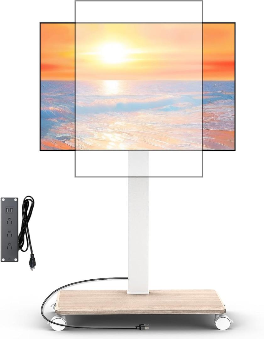 Rolling TV Stand with Power Outlet, Swivel Mobile Portable TV Cart for 32-75 Inch TVs up to 110 lbs, Landscape to Portrait, Height Adjustable Outdoor TV Stand with Wheels, Max VESA 600x400mm (White)