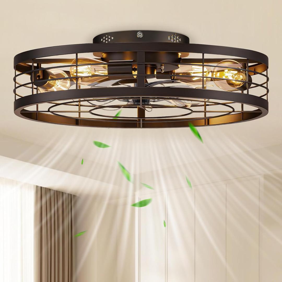 VOLISUN Caged Ceiling Fan with Light and Remote,23.6 inch Fandelier Ceiling Fan with Light Flush Mount, Farmhouse Bladeless Ceiling Fans with Lights for Kitchen,Bedroom