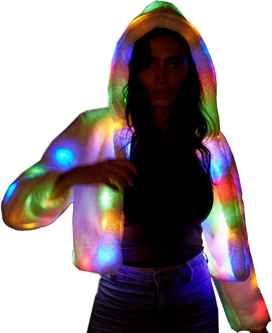 LED Faux Fur Jacket for Women Light up Rave Outfits Glow Costume for Parties (Small)