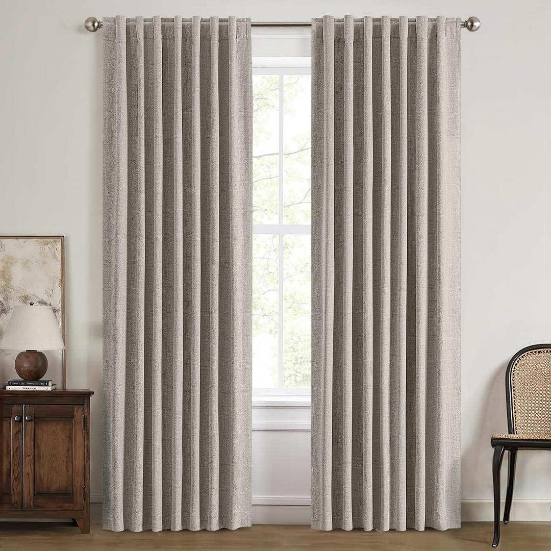 MIULEE 100% Blackout Linen Curtains for Bedroom, Greige Solid Luxury Decor Thermal Insulation Room Darkening Drapes for Living Room Nursery Back Tab Rod Pocket 42 x 72 Inches, 2 Panels