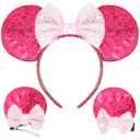 Mouse Ears Bow Sequin Headbands and Clips, Hot Pink, for Girls Women Adult Kids, Hair Accessory for Birthday Christmas Party Cosplay