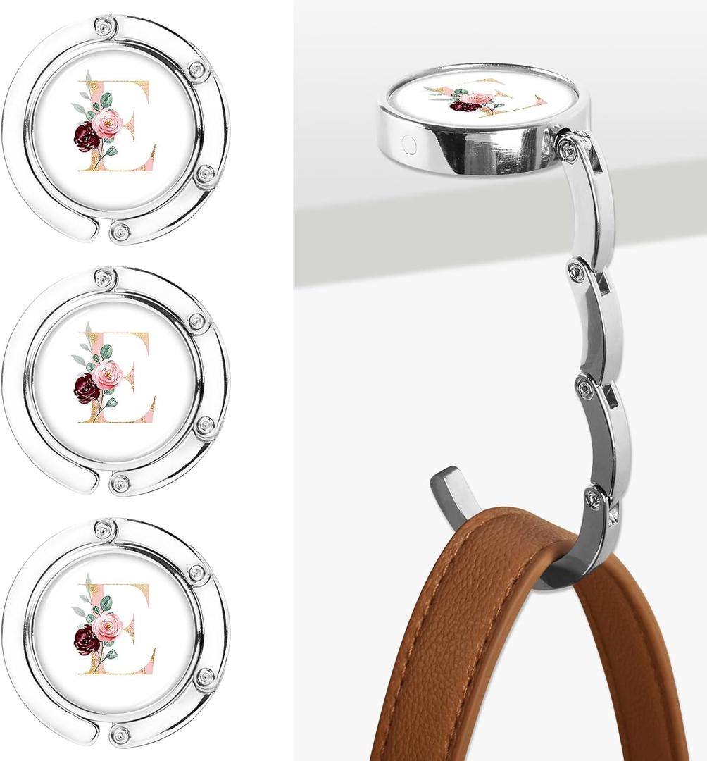 Iqimott 3pcs Personalized Initial Foldable Purse Hook for Table, Flower Letter Folding Handbag Hanger Portable Magnet Table Hook Holder, Collection Desk Purse Hooks for Women Bag (Pink-E)