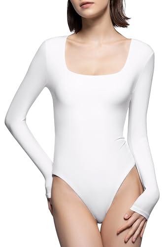 PUMIEY Body Suit for Women Sexy Long Sleeve Bodysuit Shirts Square Neck Going Out Tops, Splashed White Large