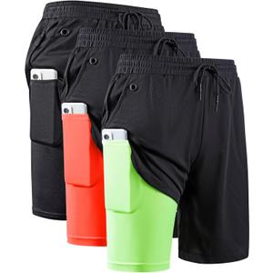 JWJ Men's 2 in 1 Workout Running Shorts 7 Inch Lightweight Athletic Gym Shorts with Compression Liner (XX-Large, Pack of 3 Black / Black Green / Black Orange)