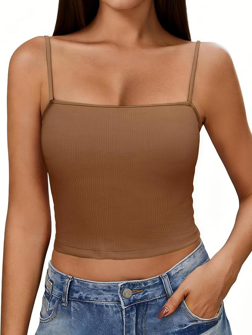 Ekouaer Womens Ribbed Spaghetti Strap Tank Top Crop Camisole Tops Going Out Basic Summer Cami 2026 (X-Large, Brown)