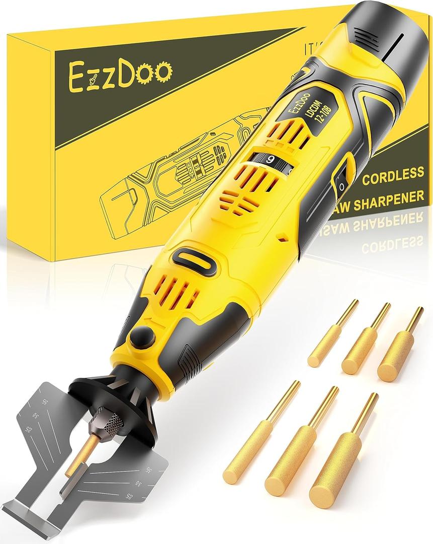 Electric Cordless Chainsaw Sharpener Kit - Portable 12V Chain Saw Sharpener Tool with 6 Titanium-Coated Diamond Bits(Wheels) & Angle Guide - Easy to Use for All Chainsaw Chains.
