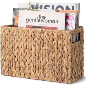StorageWorks Hand-Woven Magazine Holder, Magazine Wicker Basket for Bathroom, Office, Rattan Magazine Holder, Natural Water Hyacinth, 1 Pack