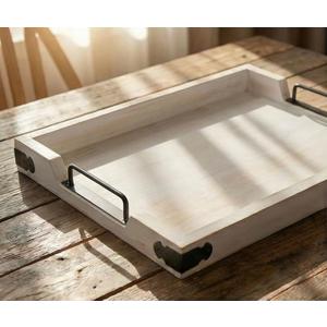 Wooden Rustic Large Serving Tray with Handles | White | Vintage Style | Unique Decorative Metal Corners | Wood Ottoman Tray | Outdoor Tray | Rustic Home Decor Tray | Tray for Coffee Table | Tea Tray
