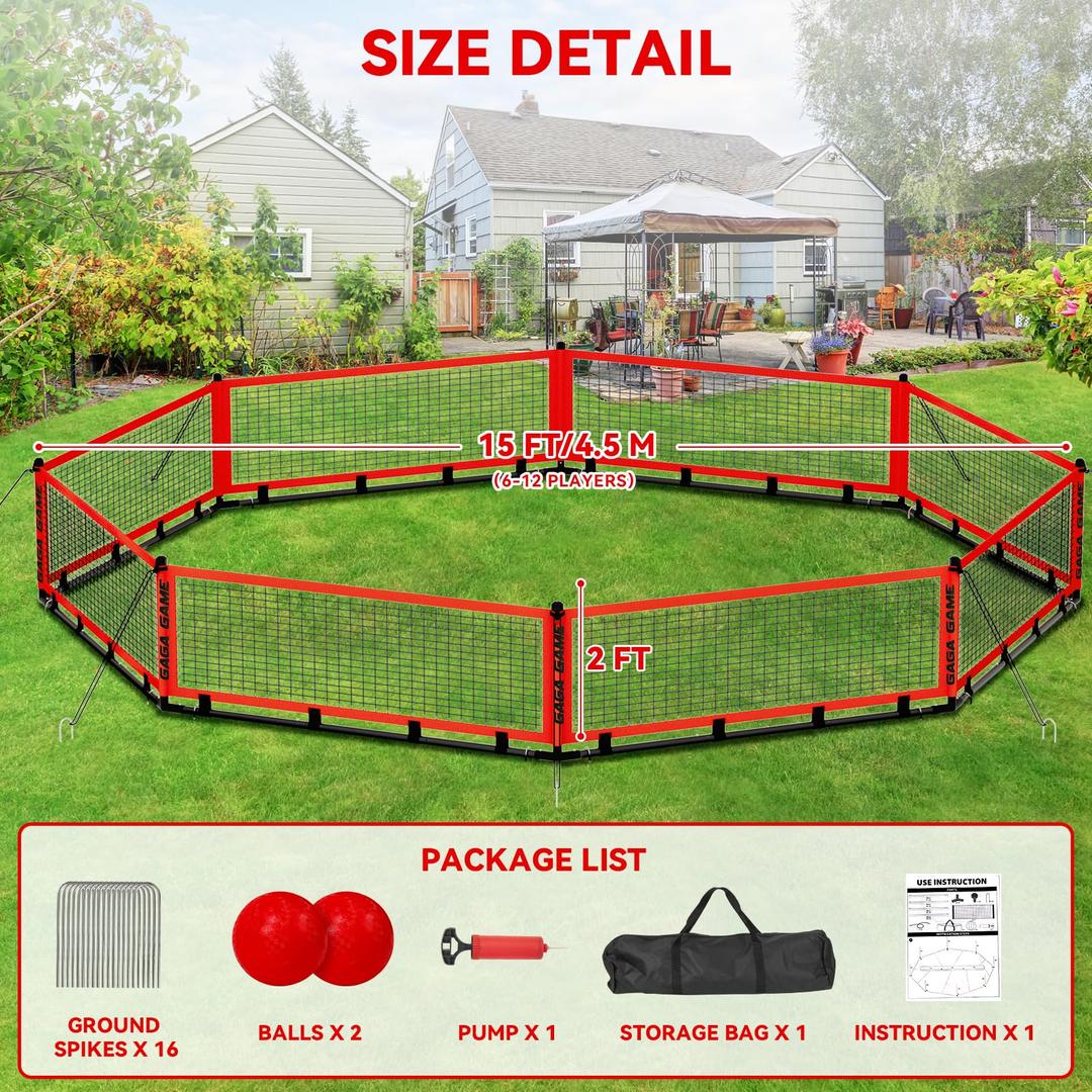 GYMMALL Gaga Ball Pit for Kids, Portable Gagaball Pit Court 15ft Equipped with Carry Bag, 2 Gaga Balls, Wind Ropes and Ground Spikes for Sport Games and Indoor & Outdoor Activities
