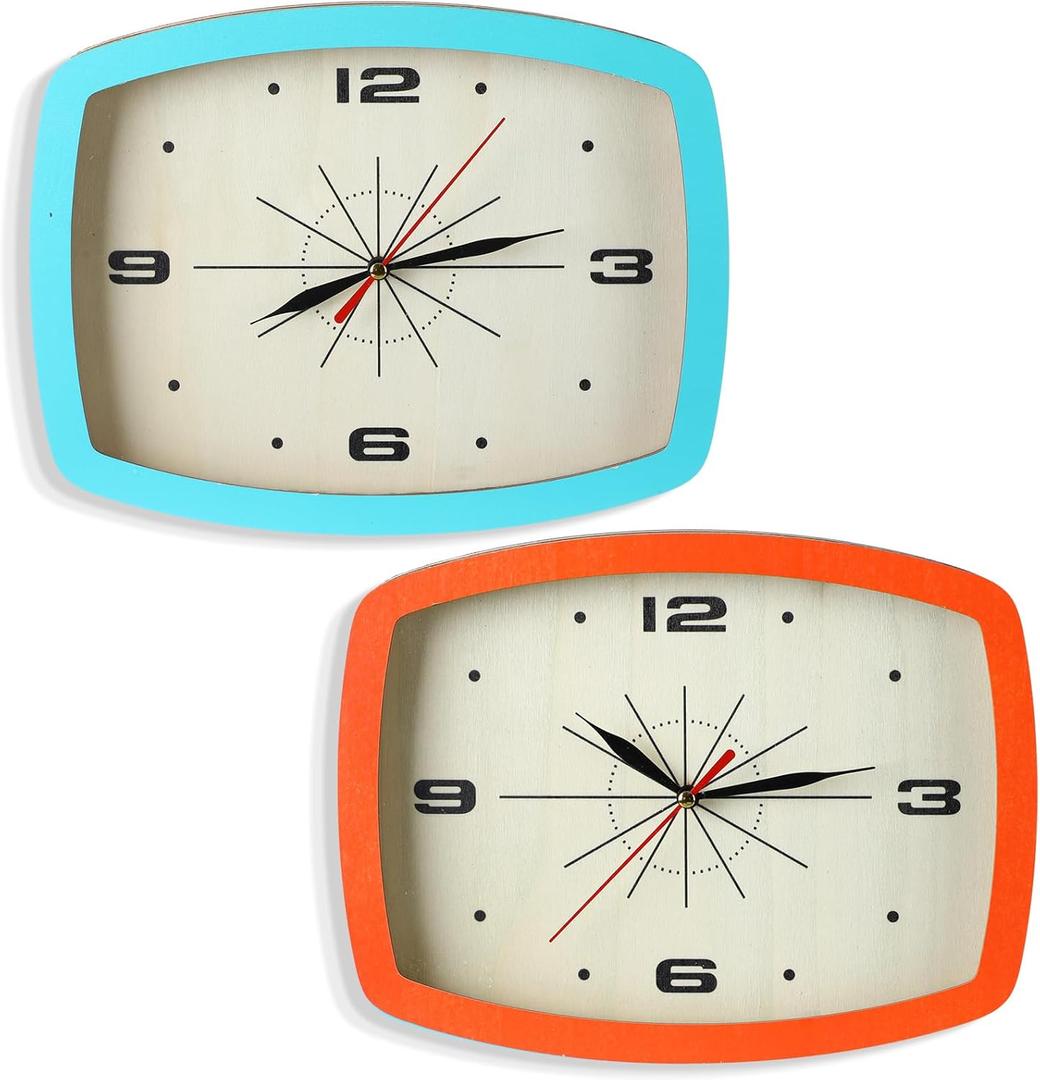 2 Pcs Retro Wall Clock ModernMid Century Decoration Silent Non Ticking Blue Orange 10 Inch Rectangular Retro Clock Battery Operated Vintage Wall Art for Living Room Office Kitchen Bedroom