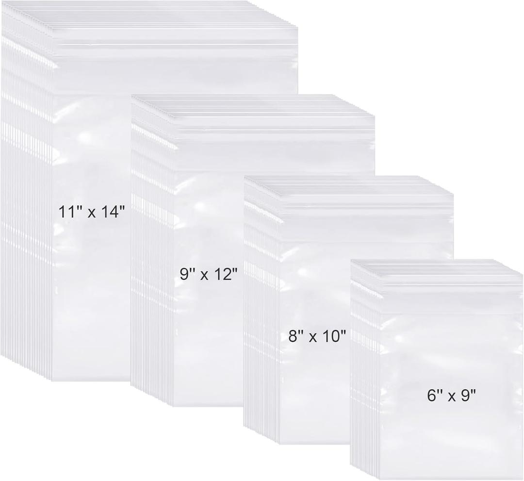 Kosiz 600 Pcs Clear Cellophane Bag Plastic Poly Shirt Bag Bulk Resealable Clothes Packing Self Adhesive Packages for Business Shipping(6'' X 9", 8'' X 10", 9'' X 12", 11'' X 14")