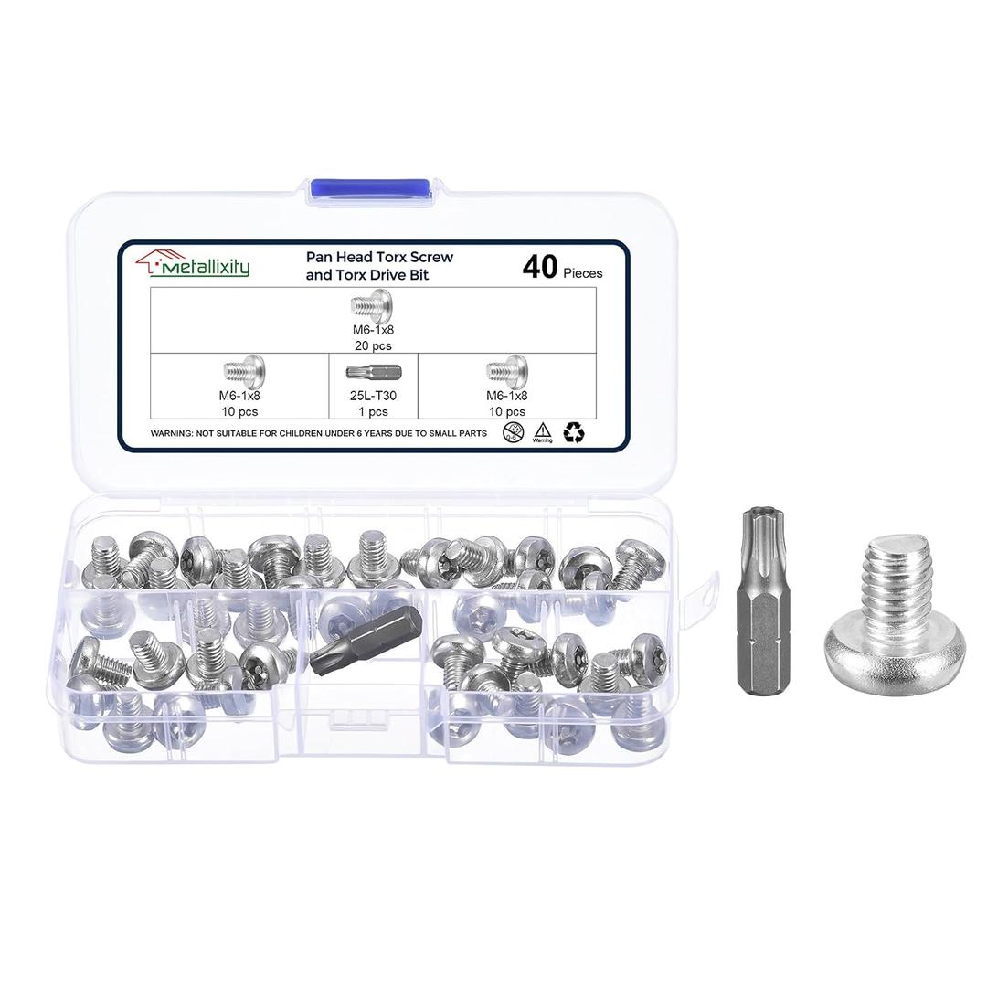 2 x METALLIXITY Pan Head Torx Security Screws Bolts (M6-1x8mm) 40pcs, Button Torx Head Machine Screws 304 Stainless Steel with One Bit - for Furniture Woodworking Project, Silver Tone
