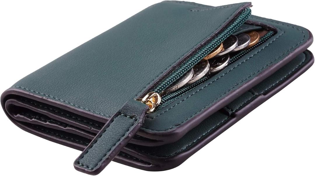 Toughergun Womens Small Slim Leather Wallet with RFID Protection, Compact Bifold Mini Purse with Clear ID Window (04 ReNapa Green Coal)