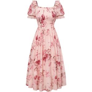 Scarlet Darkness Floral Dress for Women Summer Puff Sleeve Square Neck A Line Flowy Wedding Guest Tea Party Dresses, Large
