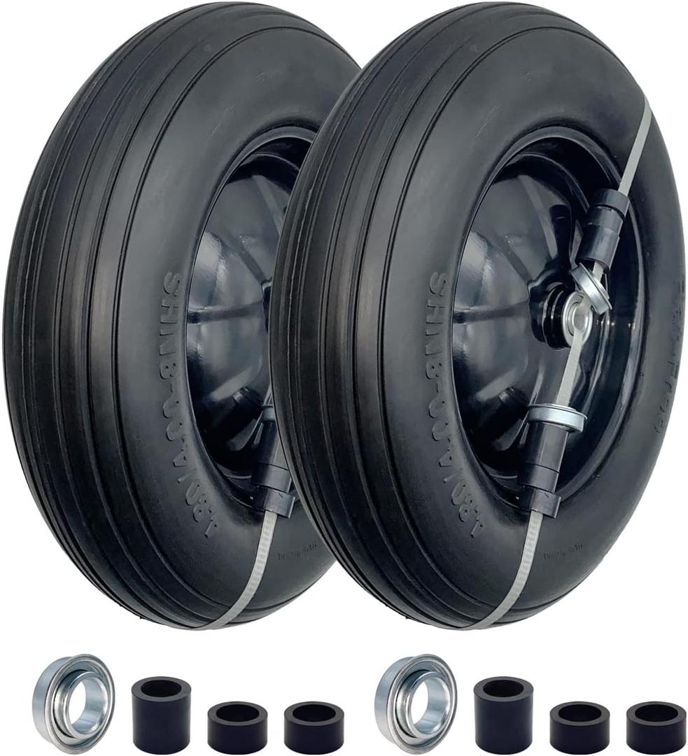 2-Pack of 4.80/4.00-8" Flat Free Tire on Wheel,16"Universal Solid Wheel Barrel Tire,3"-6"Center Hub with 5/8" or 3/4 Ball Bearing,Steel Rim,Ribbed Tread,for Wheelbarrows,Garden and Utility Carts, 4.80/4.00-8 Flat Free Tire Black Rim