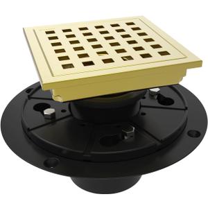 WEBANG 4 Inch Square Shower Floor Drain with Flange,Quadrato Pattern Grate Removable,Food-Grade SUS 304 Stainless Steel,Watermark&CUPC Certified, Brushed Gold