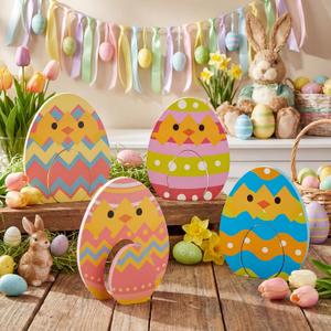 Yousoontic 8 Pcs Easter Egg Table Decor Wooden Nesting Chick Egg Signs Farmhouse Easter Tiered Tray Decor Colorful Polka Dot Stripe Eggs Tabletop Centerpiece Spring Decorations for Home Office Shelf
