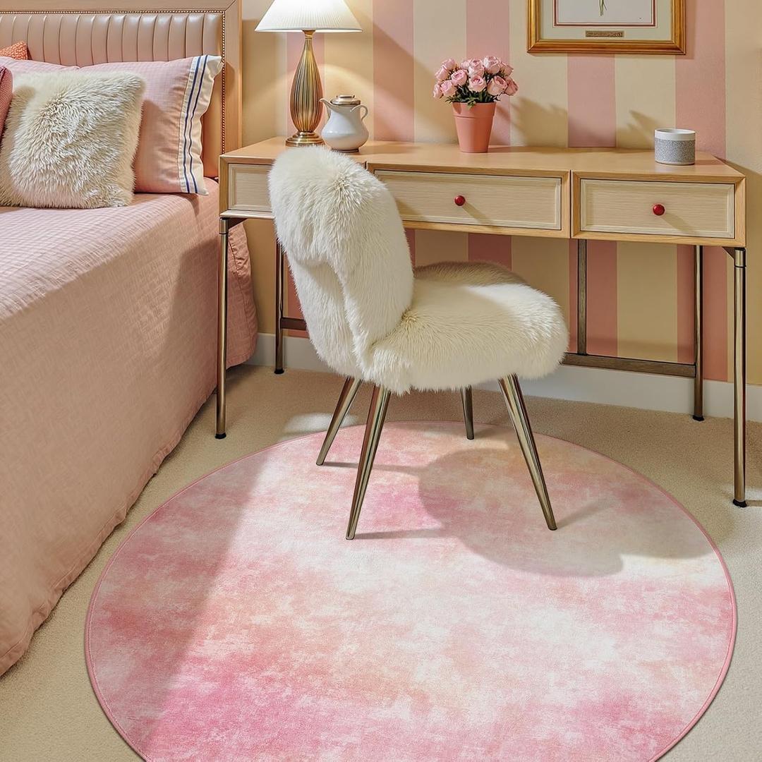 jinchan 5ft Round Rug, Washable Non Slip, Peach Pink