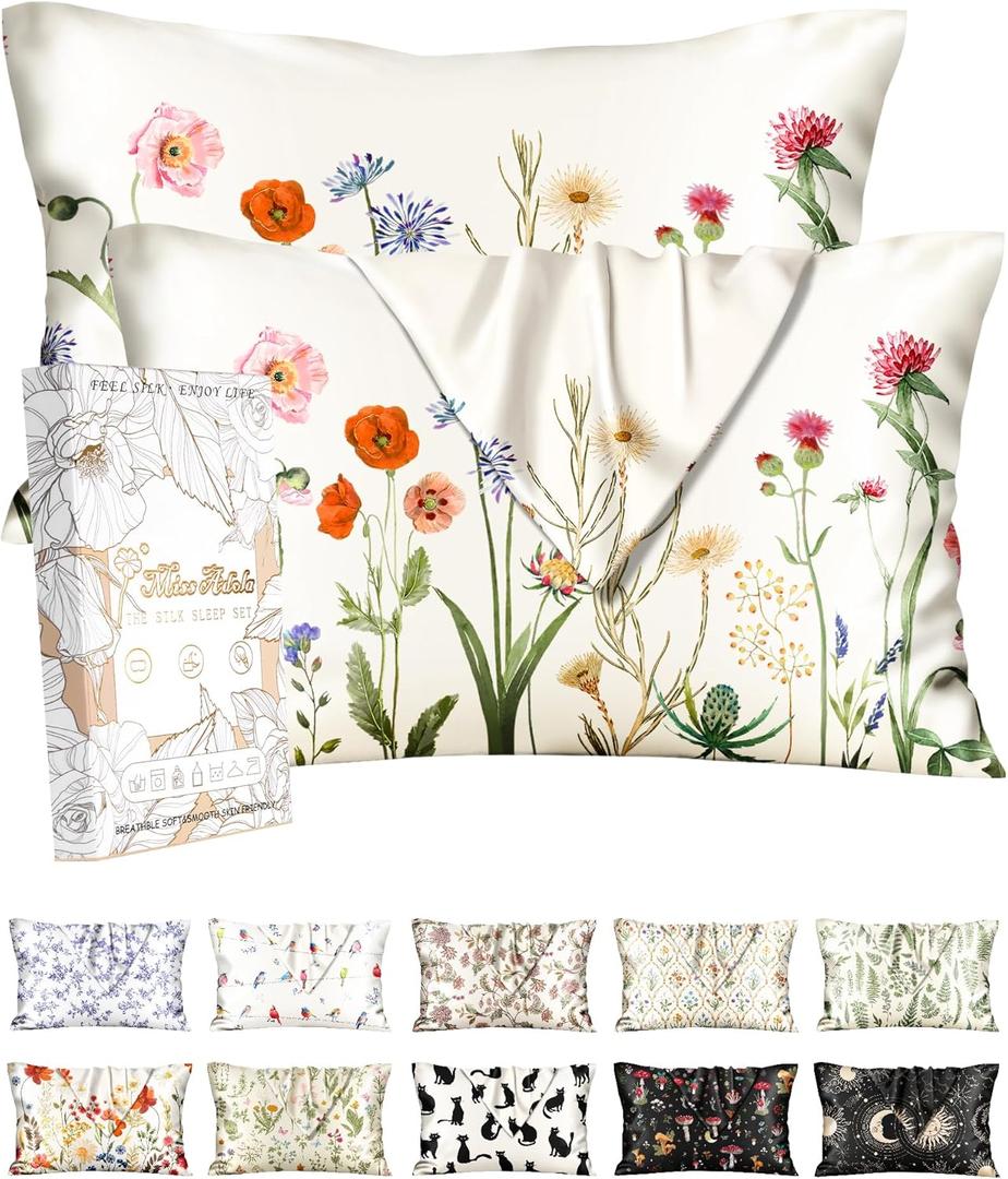 2 Pack Silk Pillowcase - 20x26 Inch Standard Size Silk Pillow Case with Hidden Zipper for Women Lady Smooth Soft Breathable Cute Design Pillowcase for Hair and Skin, Quiet Flower