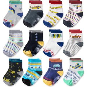CozyWay Baby & Toddler Socks With Grippers Non Slip Crew Grip Socks for Girls and Boys Soft Comfy Cotton - 12 Pack (3-5T, Black / Yellow Multicolor Error)