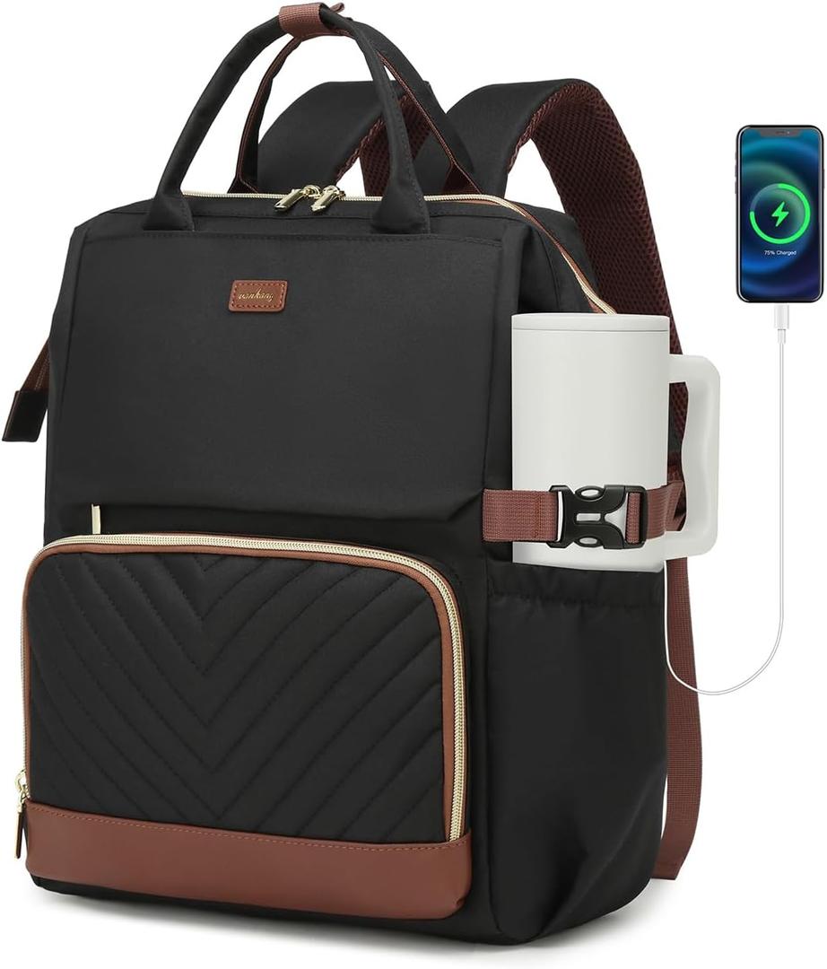 Work Backpack for Women, Teacher Nurse Bookbag Laptop Backpack with Cup Holder & USB Charger for Travel, College School Bags for Teen Girl, Black Brown