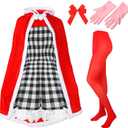 Xuhal Set of 5 Pcs Christmas Costume for Women Christmas Gingham Dresses Velvet Hooded Cape Tights Gloves Bow for Girl (Large)