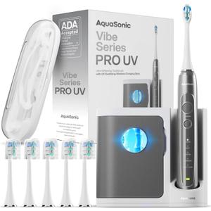 Aquasonic Vibe Series PRO  Ultra-Whitening Electric Toothbrush  5 Modes & Smart Timers  UV Sanitizing Base  ADA Accepted (Charcoal Metallic)