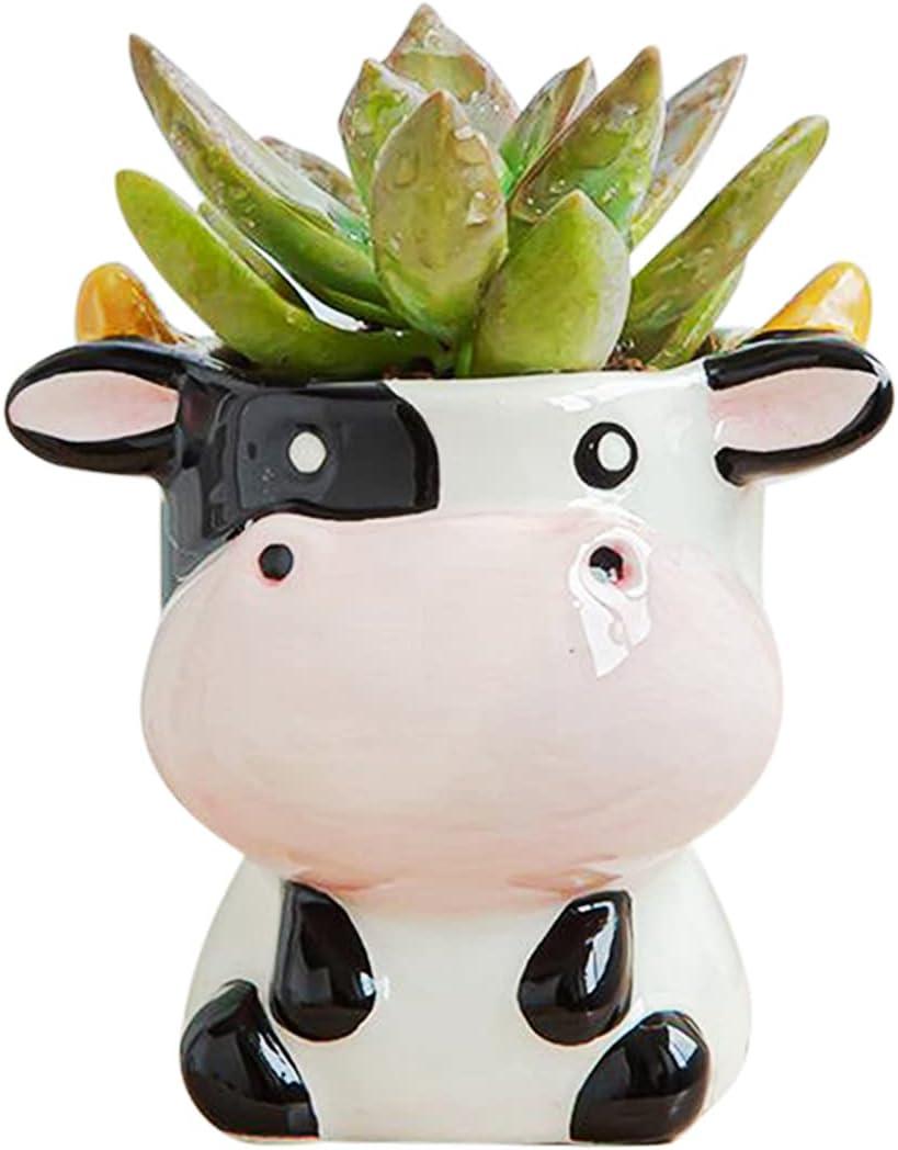 DIYOMR Cute Animal Ceramics Planter Small Succulent Pot Cartoon Shaped Plant Pot for Mini Plants Flower Cactus, Smooth Shiny Ceramic - Plants Not Included, Cow 