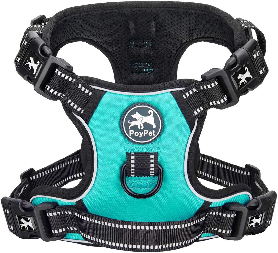 PoyPet No Pull Dog Harness with 4 Snap Buckles, Reflective with Front & Back 2 Leash Hooks and an Easy Control Handle [NO Need Go Over Dogs Head](Mint Blue,M)