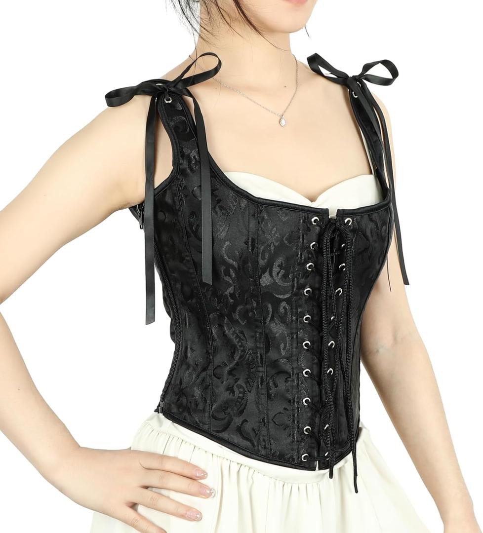 SUOSDEY Women Vintage Floral Corset Top Renaissance Vest Camisole Flower Print Bustier (Medium, Black)