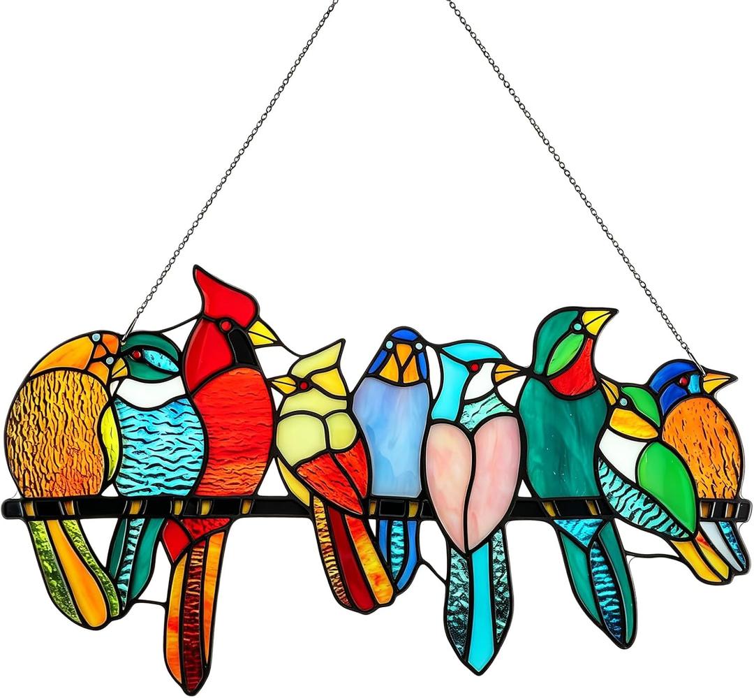 22x12.8 Inches Stained Glass Birds Window Hanging, 9 Multicolor Birds on Branch Suncatcher, Cardinal Hummingbird Kingfisher Glass Panel for Home Decorations, Gifts for Women Mom Grandma