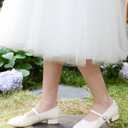 Coutgo Girls Dress Shoes Mary Jane Shoes Low Chunky Heel Flower Girl Wedding Party Flats for Big Kids, White, Size 4