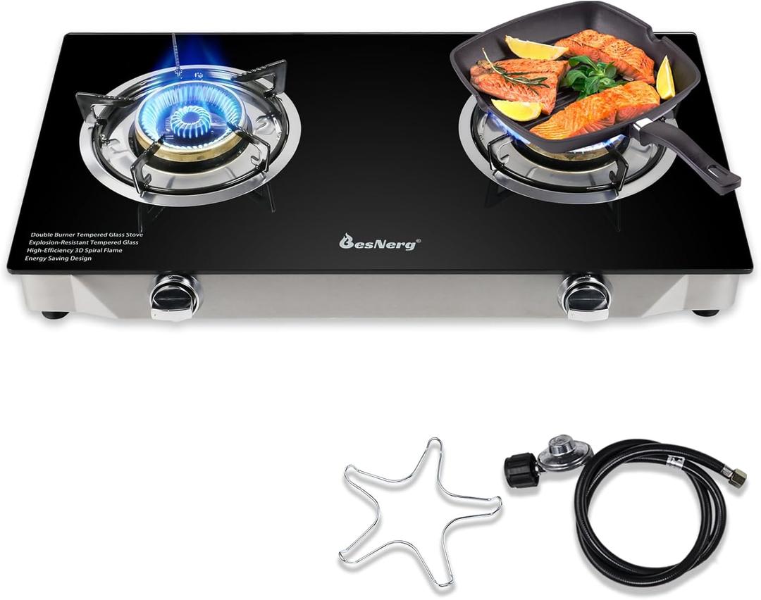 2 Burner Propane Gas Stove, 29,000 BTU High-Efficiency Auto Ignition Heavy-Duty Tempered Glass Cooktop, Includes CSA Regulator & Hose, for Outdoor Camping & Emergencies