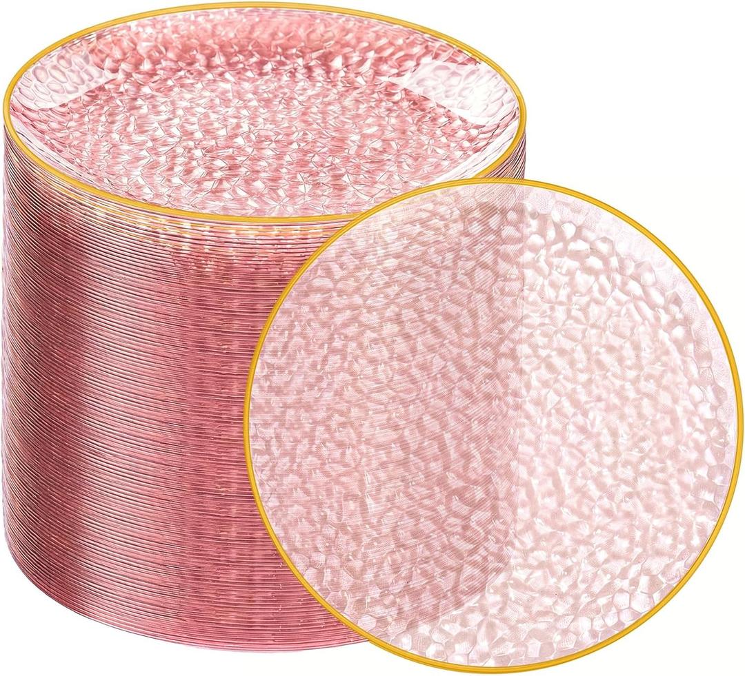Rubtlamp 100Pcs Plastic Pink Dessert Plates, 6 Inch Pink Gold Appetizer Plates Disposable, Hammer Heavy Duty Small Salad plates, Fancy Cake plates For Birthday Wedding Teatime