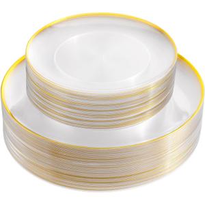 LIYH 60 Pcs Clear and Gold Plastic Plates Heavy Duty Clear Disposable Plates for Party Gold Plastic Plate for Wedding Birthday Include 30 Dinner 30 Dessert Plate