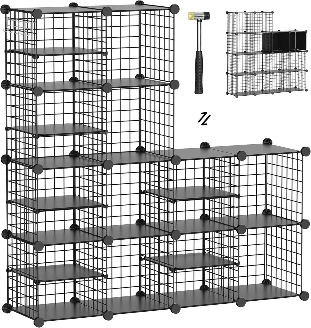 Wire Cube Storage Organizer, 12 Cubes Converted into 14 Cubes, Sturdy Metal Grids Storage Shelf Closet Shelving Units and Storage, Shelves for Bedroom LIvingroom Office (Black)